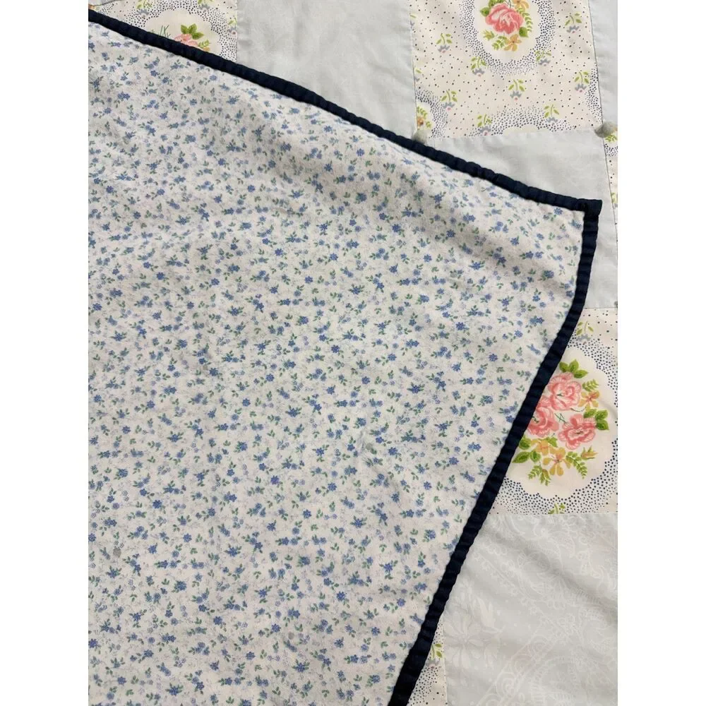 Vintage 1981 Handmade Floral Patchwork Tied Quilt Blue Pink 55x82